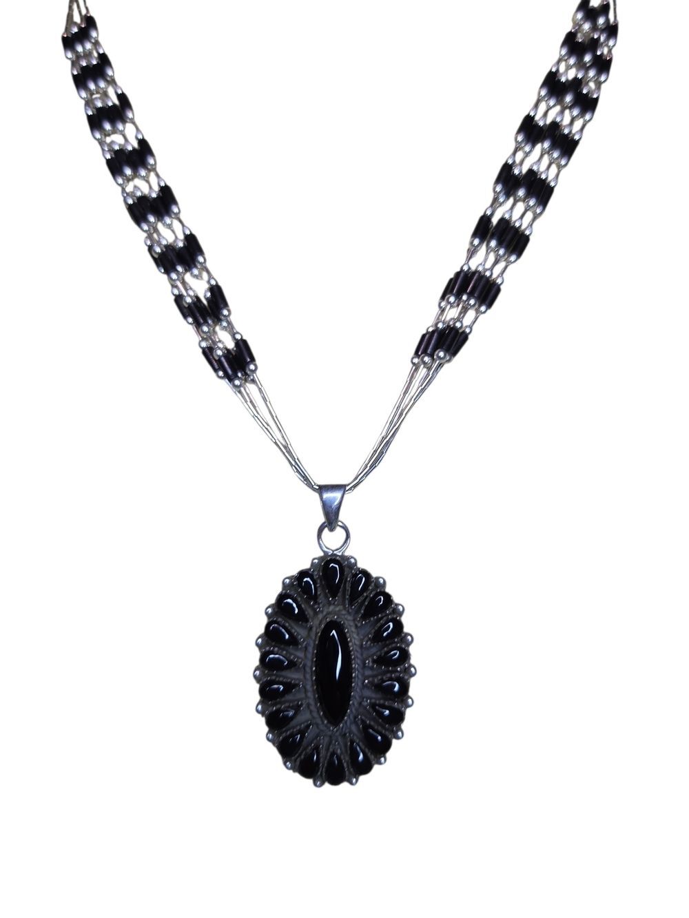 Southwestern Style Black Onyx Liquid Silver Multi-Strand Pendant Necklace